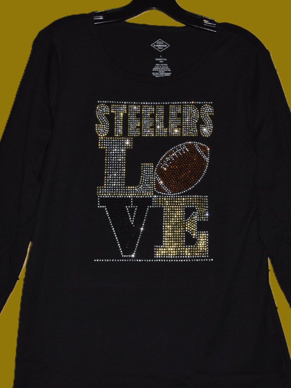 Steelers Football LOVE rhinestone long slv shirt XS S M L XL XXL 1X 2X 3X 4X 5X